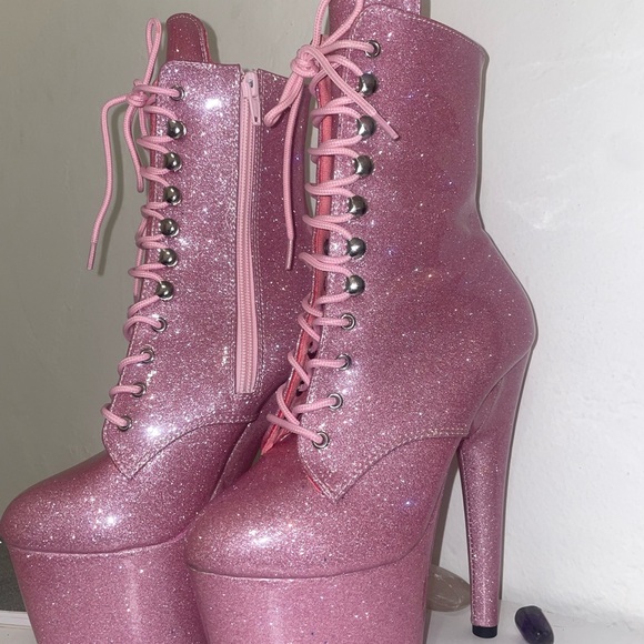 Pleaser Shoes - Pleaser Pink Glitter Lace-Up Platform Ankle Boots